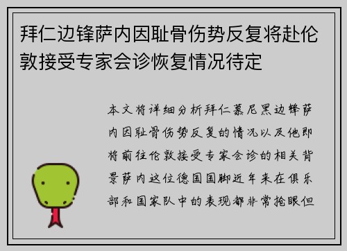 拜仁边锋萨内因耻骨伤势反复将赴伦敦接受专家会诊恢复情况待定 拜仁边锋萨内因耻骨伤势反复将赴伦敦接受专家会诊恢复情况待定