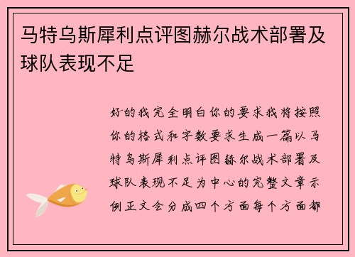 马特乌斯犀利点评图赫尔战术部署及球队表现不足 马特乌斯犀利点评图赫尔战术部署及球队表现不足